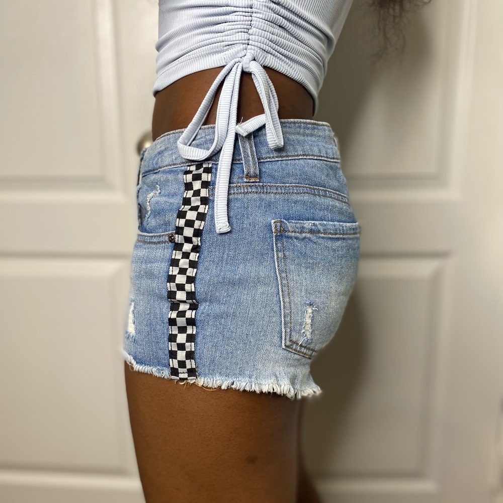 Empire Checkered Stripe Light Wash Denim Shorts ✨